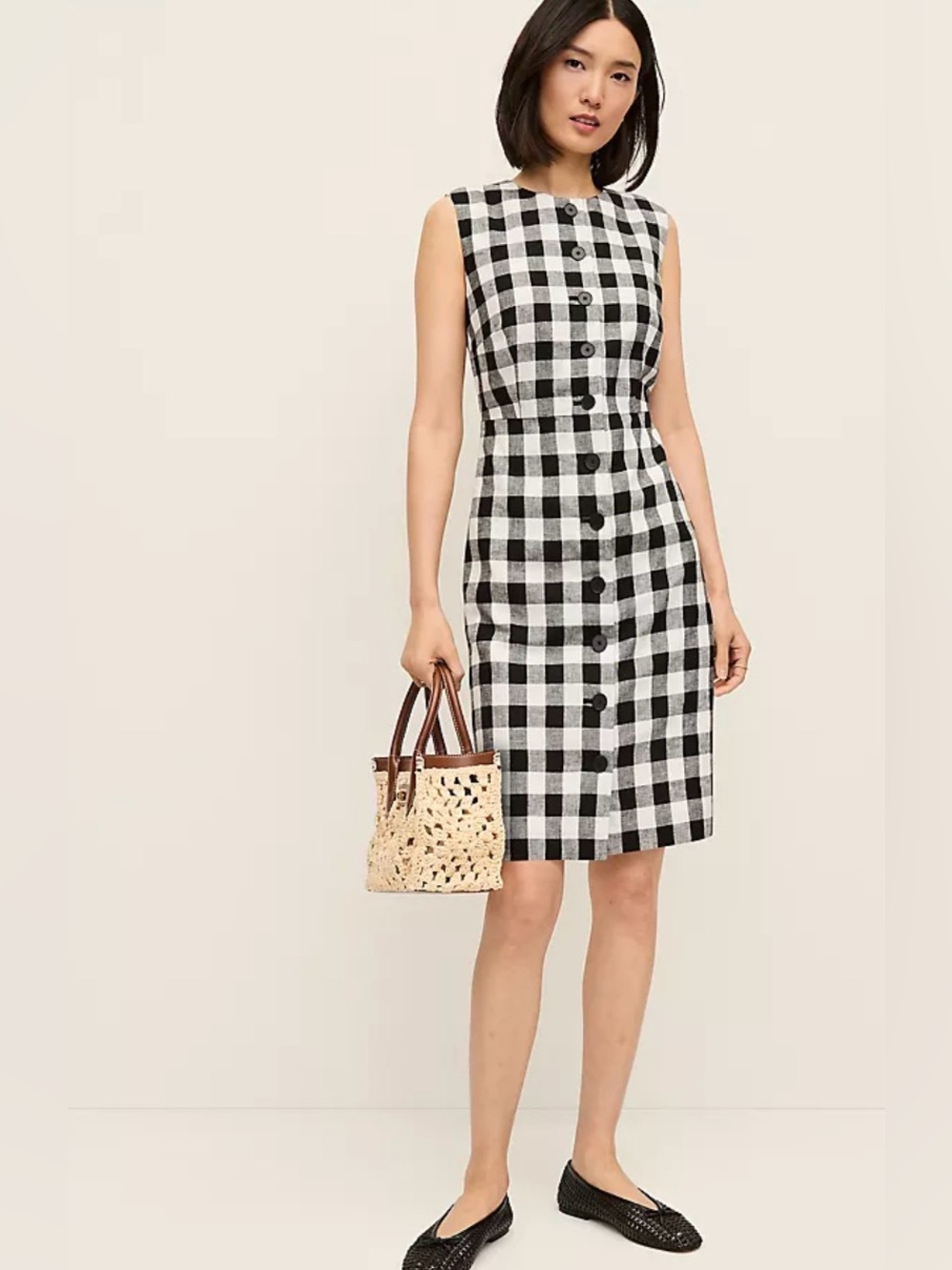 Ann Taylor Black & White Gingham Linen Sleeveless Button-Front Midi Dress